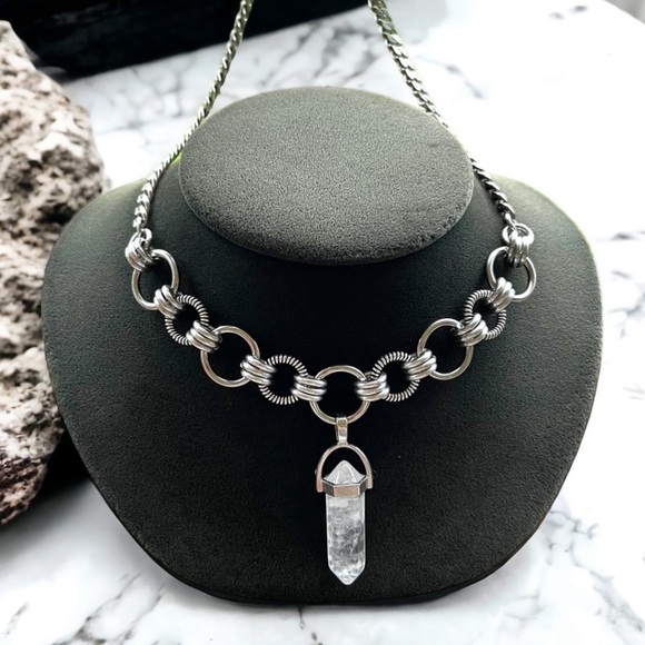 Handmade maille stainless steel cuban chain necklace + crystal quartz bullet - Picture 2 of 12